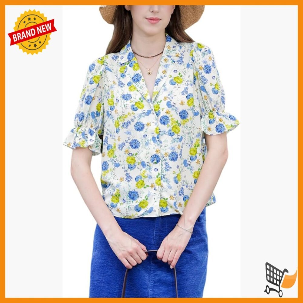 100% Silk Blouse Short Sleeve Ruffle Button Down Shirt Business Casual